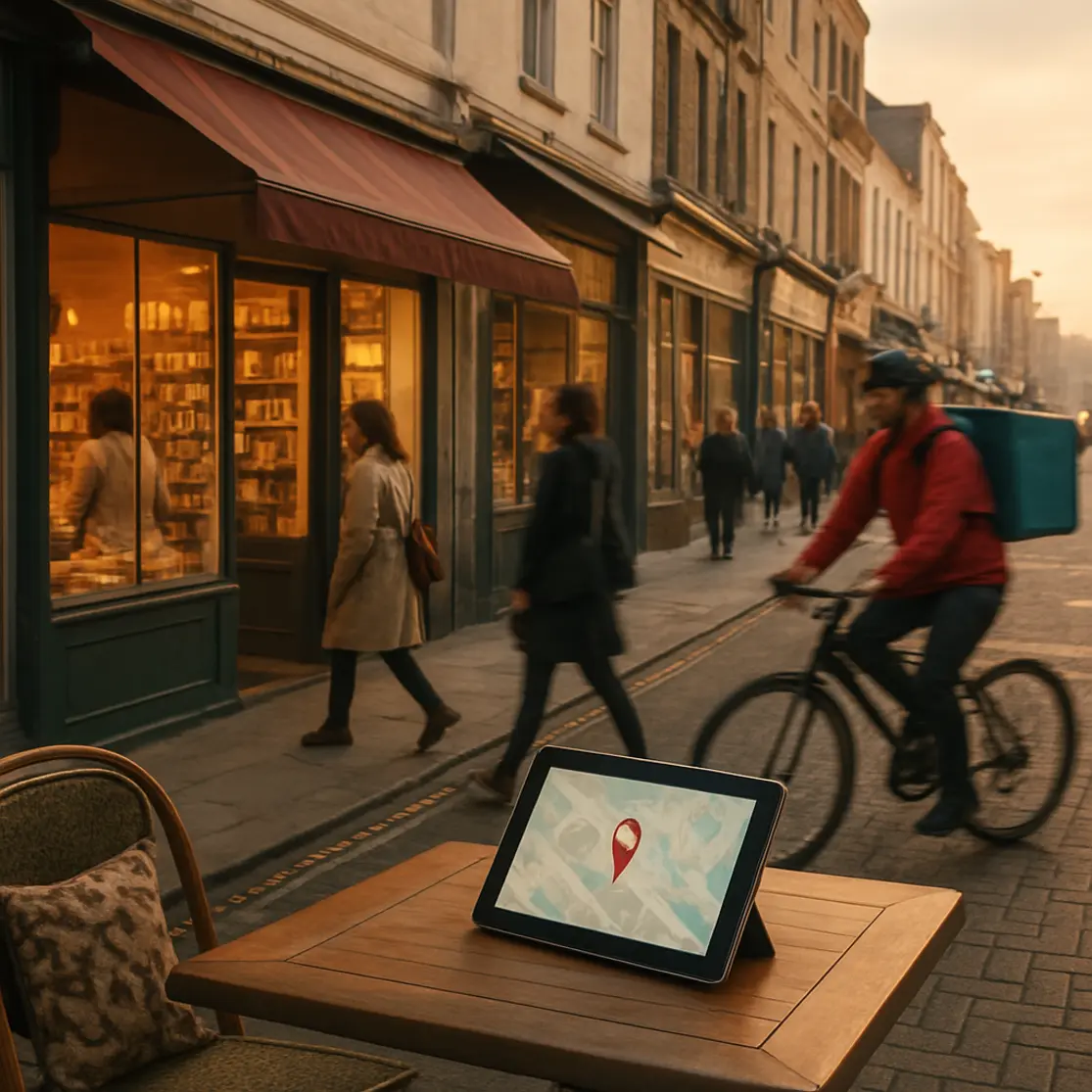 Rua comercial ampla com loja em destaque e tablet numa mesa externa mostrando mapa genérico, pedestres desfocados.
