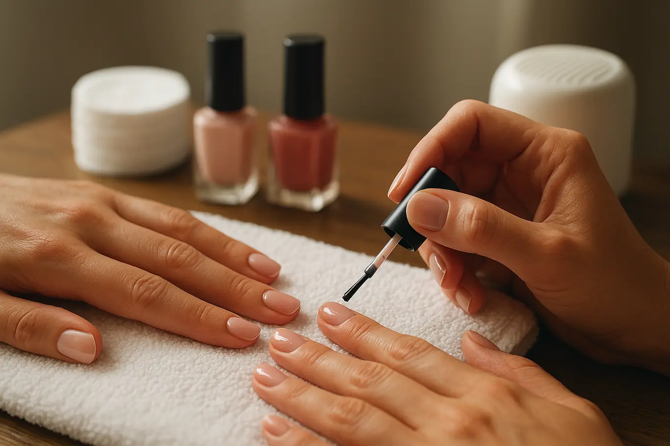 Mãos aplicando segunda camada de esmalte sobre toalha, frascos e difusor de ar morno ao fundo