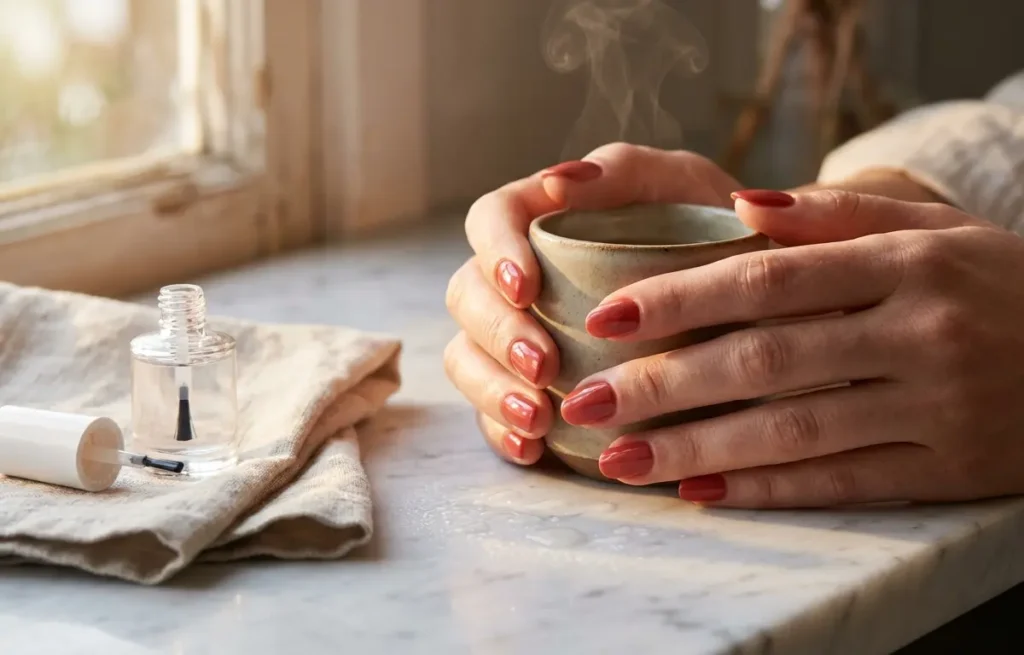 Close-up de mãos manicures segurando uma caneca com vapor, unhas coral brilhantes sobre bancada de mármore úmida