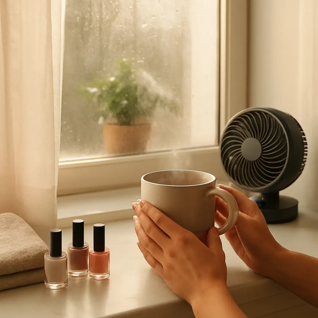 Banheiro com janela úmida, caneca com vapor e mãos manicures ao lado de frascos de esmalte