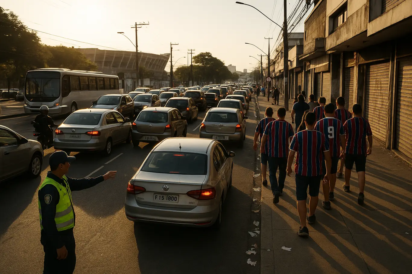 Avenida congestionada perto do estádio JK com agentes de trânsito e torcedores de costas