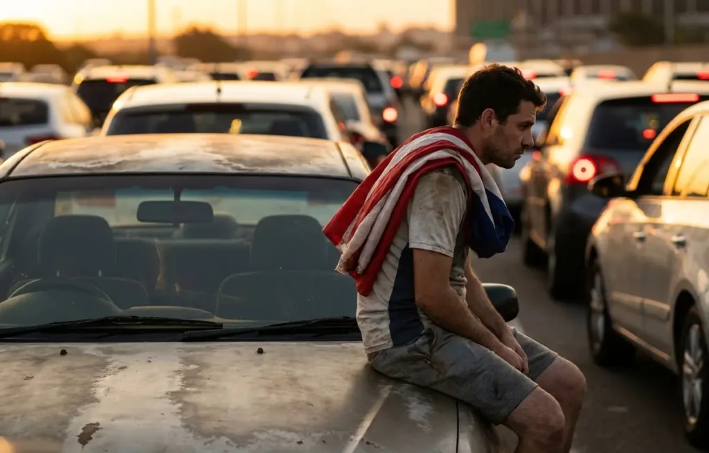 Torcedor do Capital em perfil sentado no capô de carro, entardecer, trânsito próximo ao estádio