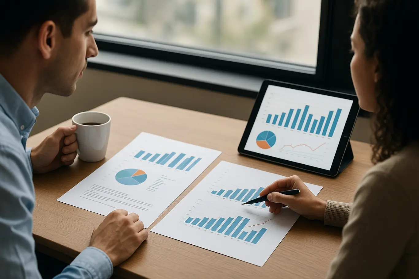 Reunião lateral com profissionais analisando relatórios e tablet com gráficos de campanha
