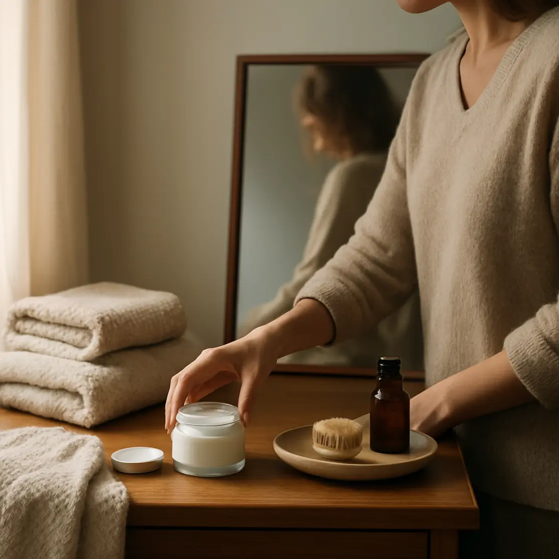 Cômoda com produtos de cuidado corporal e pessoa alcançando um pote, rosto fora do quadro