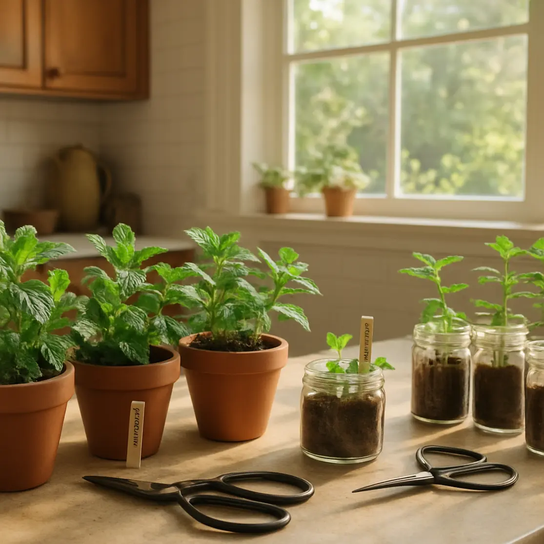 Bancada de cozinha com vários vasos de hortelã e ferramentas de cultivo