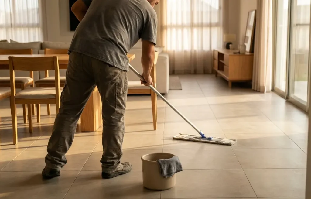 Pessoa de costas limpando porcelanato fosco com mop e balde em sala iluminada por janela