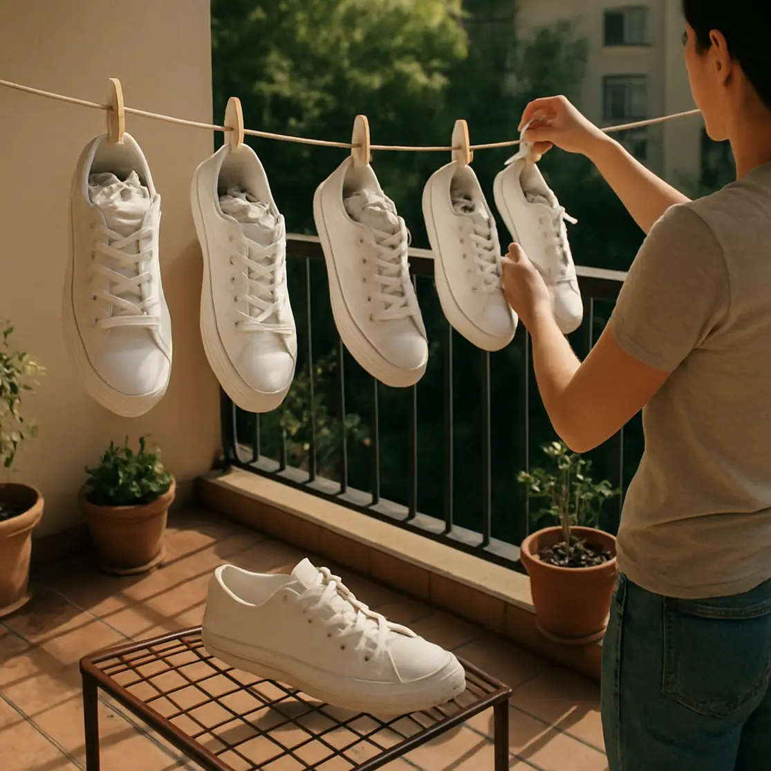 Varanda com vários tênis branco pendurados e recheados com papel ao sol