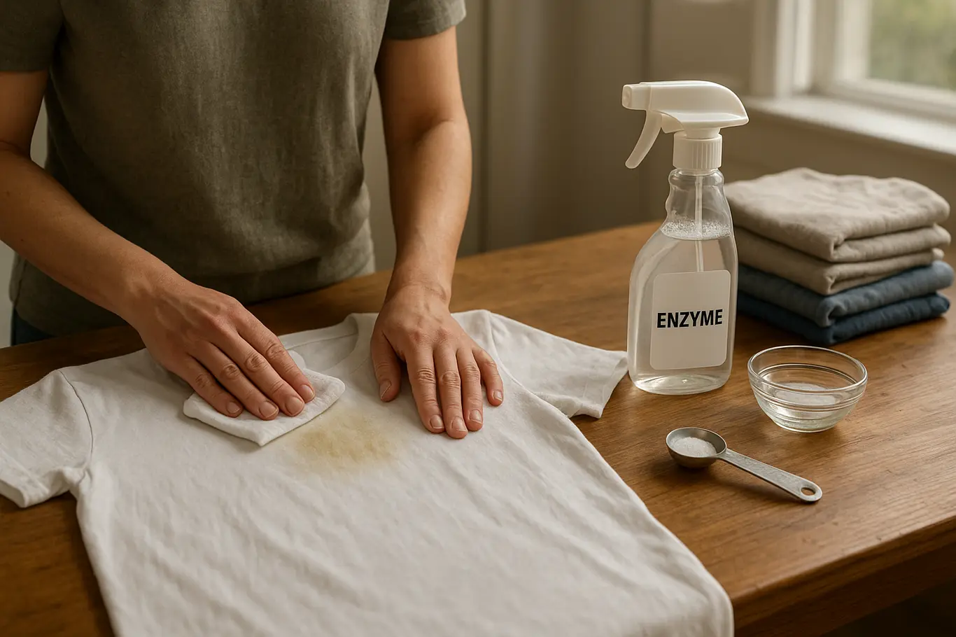 Mãos tratando axila de camiseta com pano, vinagre e frasco de enzima na mesa, luz suave da janela