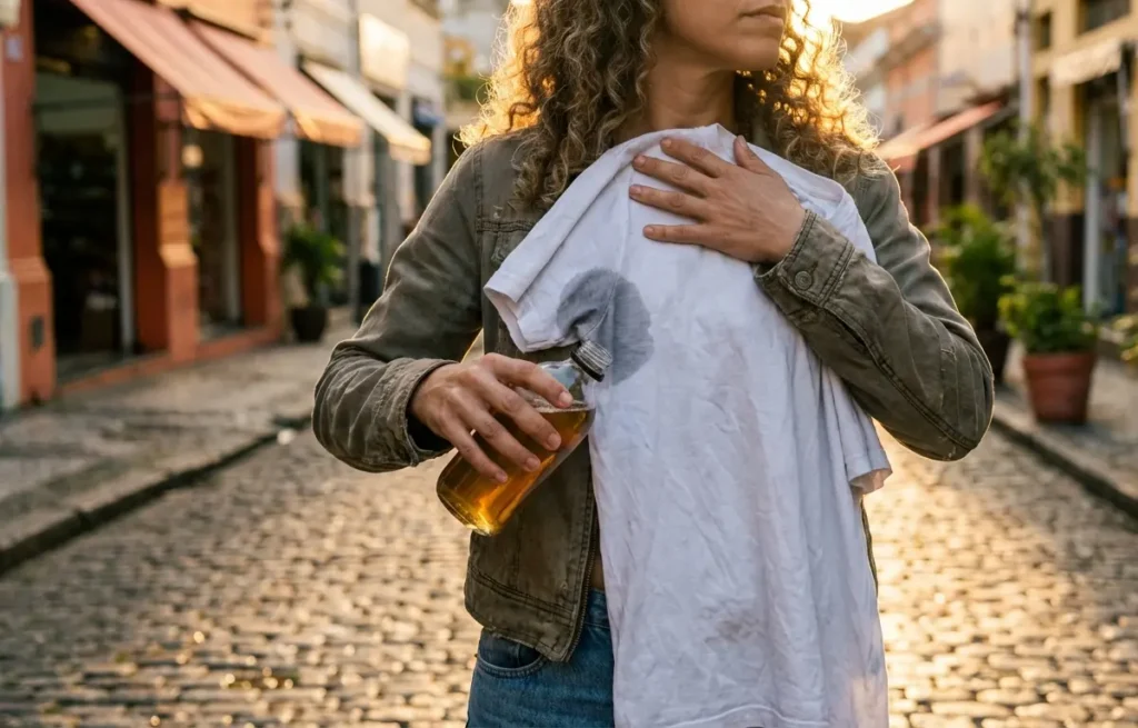 O detalhe que muda tudo: enzimas e vinagre que eliminam cheiro de cecê nas roupas Pessoa segurando camiseta branca e frasco de enzima na rua ao pôr do sol, rosto fora do quadro