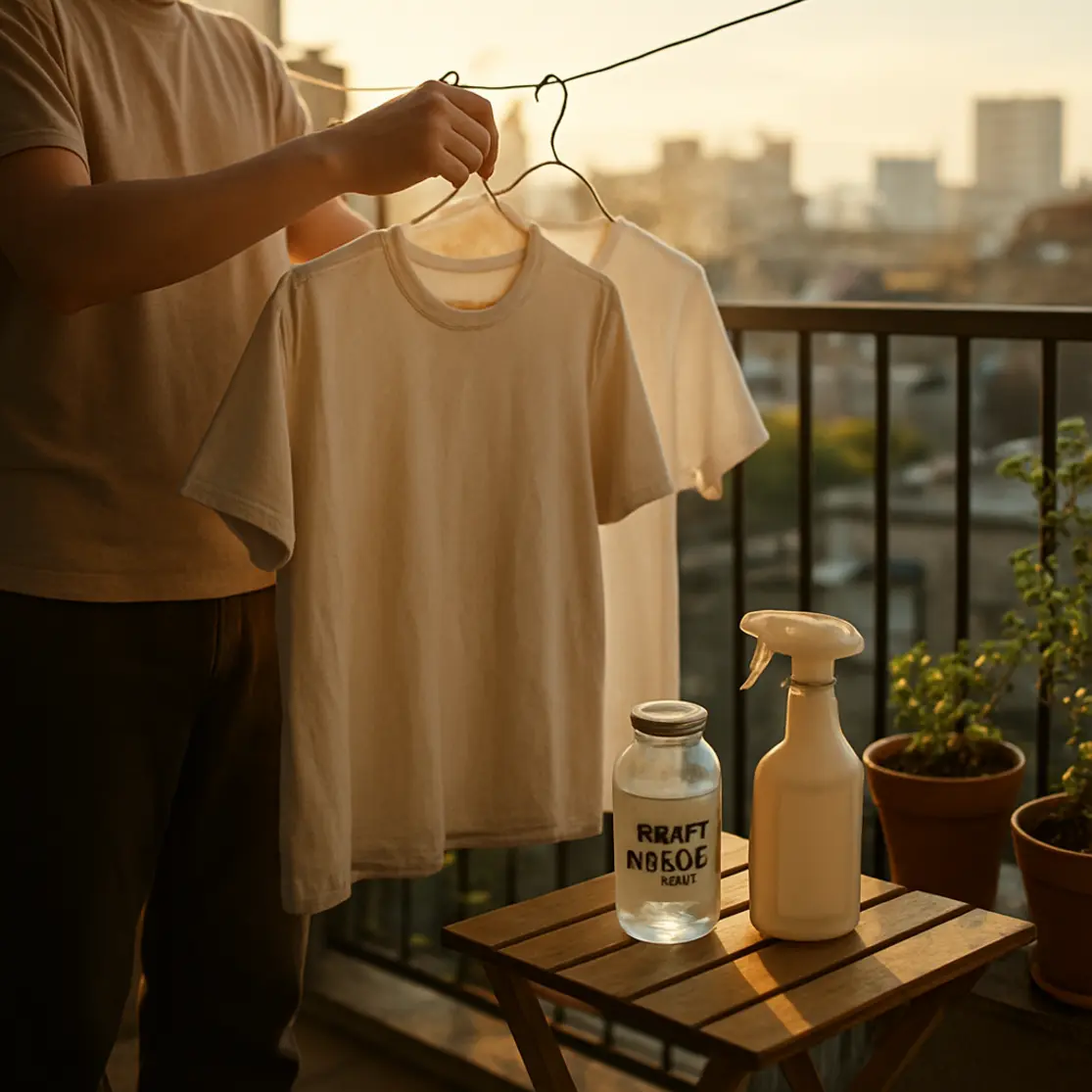 Pessoa pendurando camisas lavadas no varal da varanda ao pôr do sol, mesa com vinagre e enzimas
