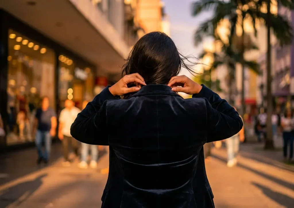 Modelo de três-quartos com jaqueta azul-preto intenso em rua ao pôr do sol