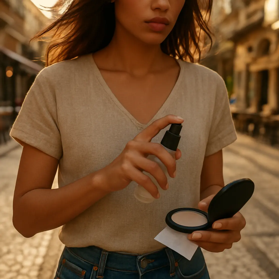 Retoque na rua: compact e papel matificante em mão, movimento do cabelo e textura do look em avenida brasileira