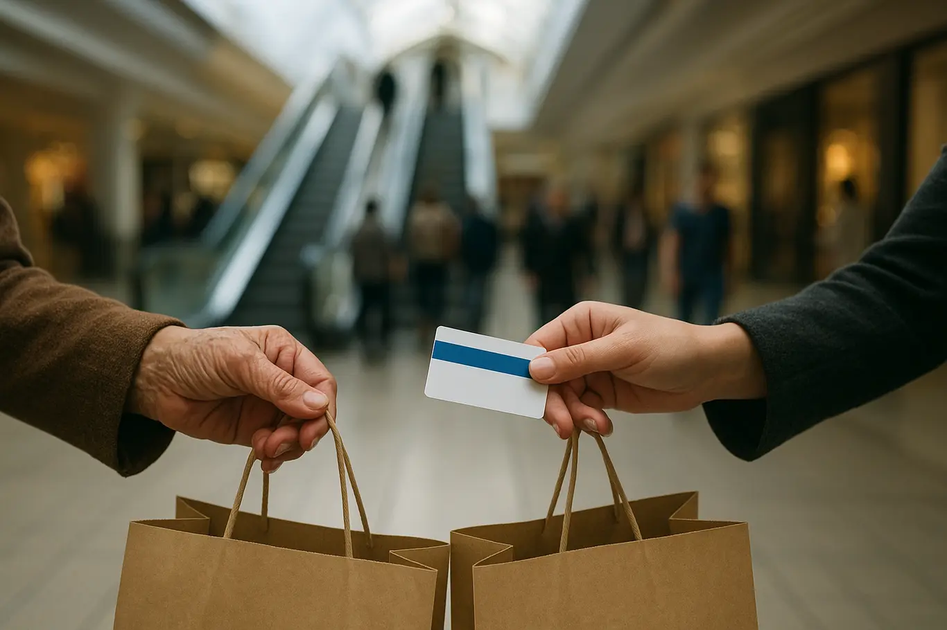 Detalhe de mãos segurando sacolas neutras e bilhete de transporte dentro do shopping