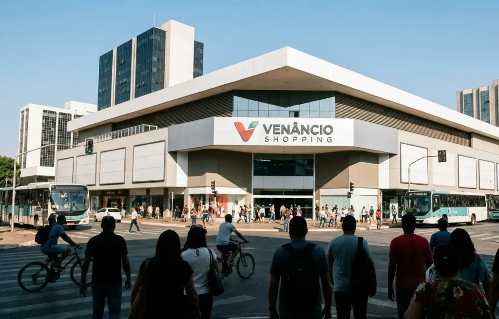 Fachada do Venâncio Shopping com movimento urbano, pessoas de costas e ônibus em frente