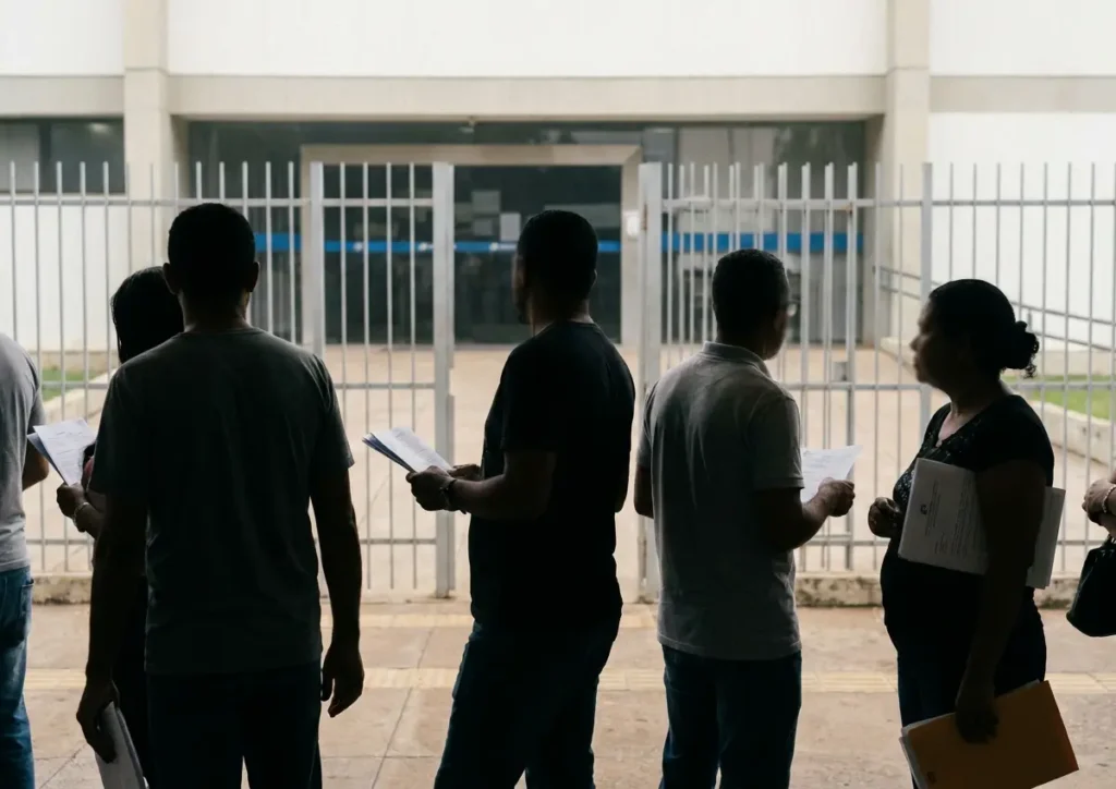 Fila de pessoas do lado de fora de agência do INSS, vistas de costas, papéis nas mãos