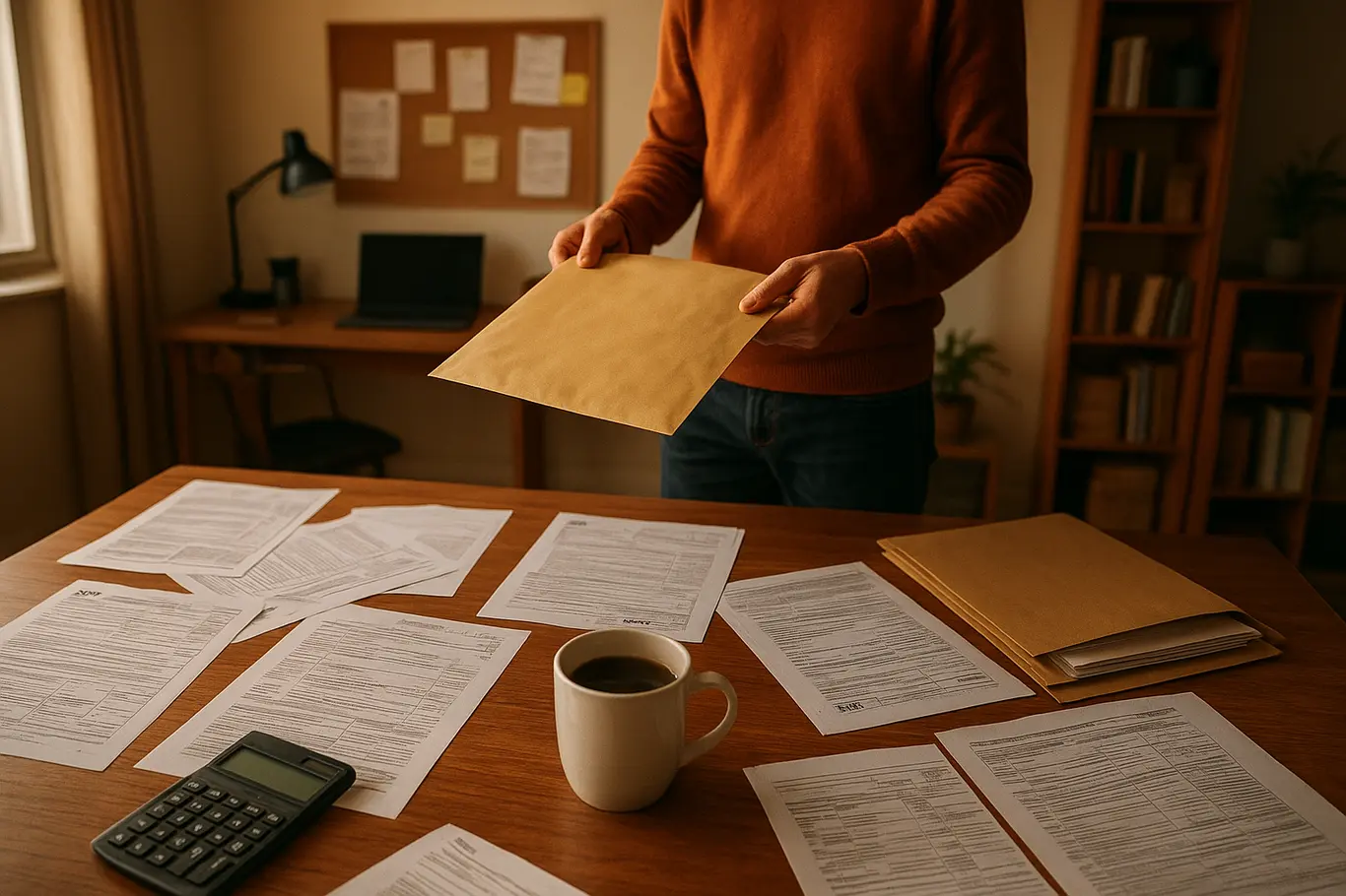 Escritório doméstico amplo com papéis fiscais na mesa e pessoa ao fundo pegando um envelope.