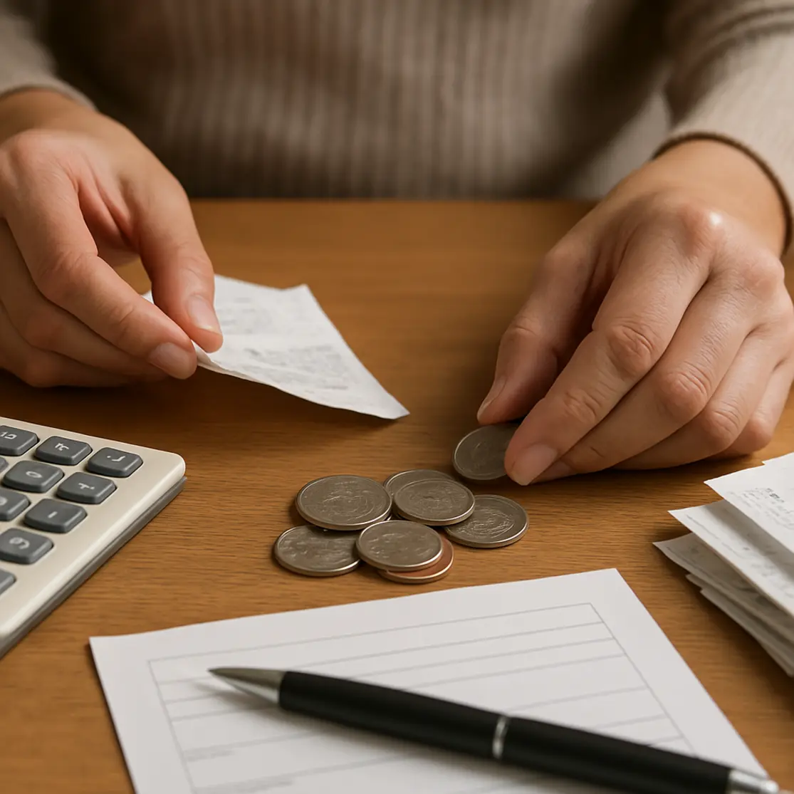 Close das mãos organizando recibos e moedas ao lado de uma calculadora, detalhe editorial.