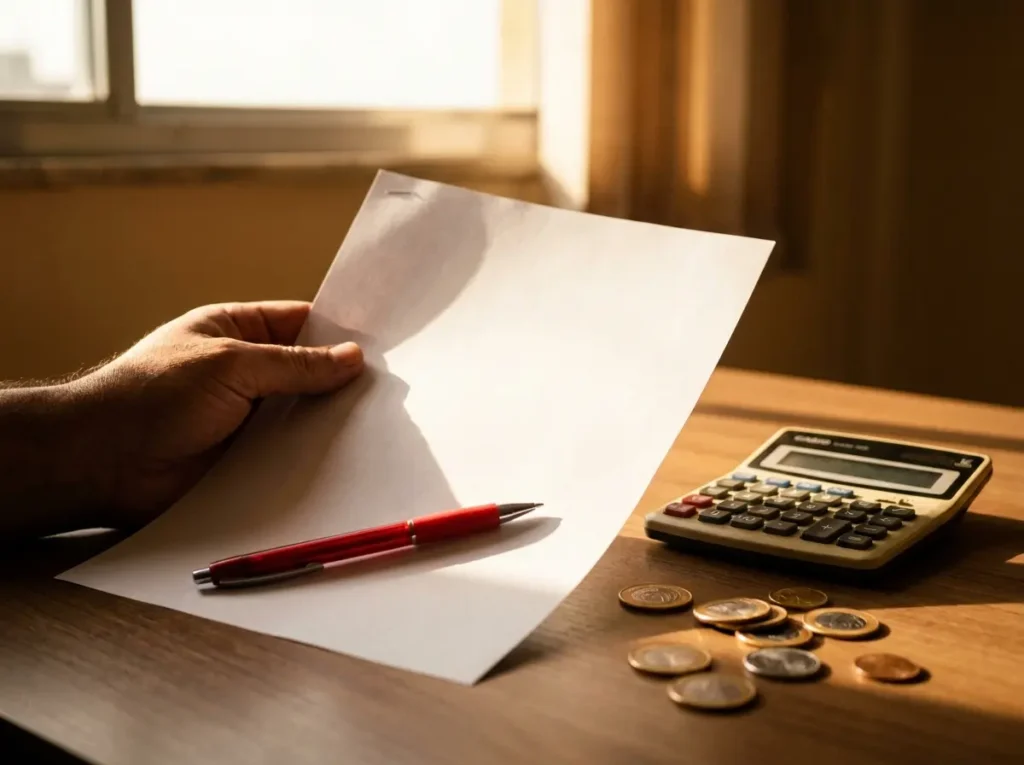 Mão segurando documento com caneta e calculadora em mesa iluminada, cores quentes e vibrantes