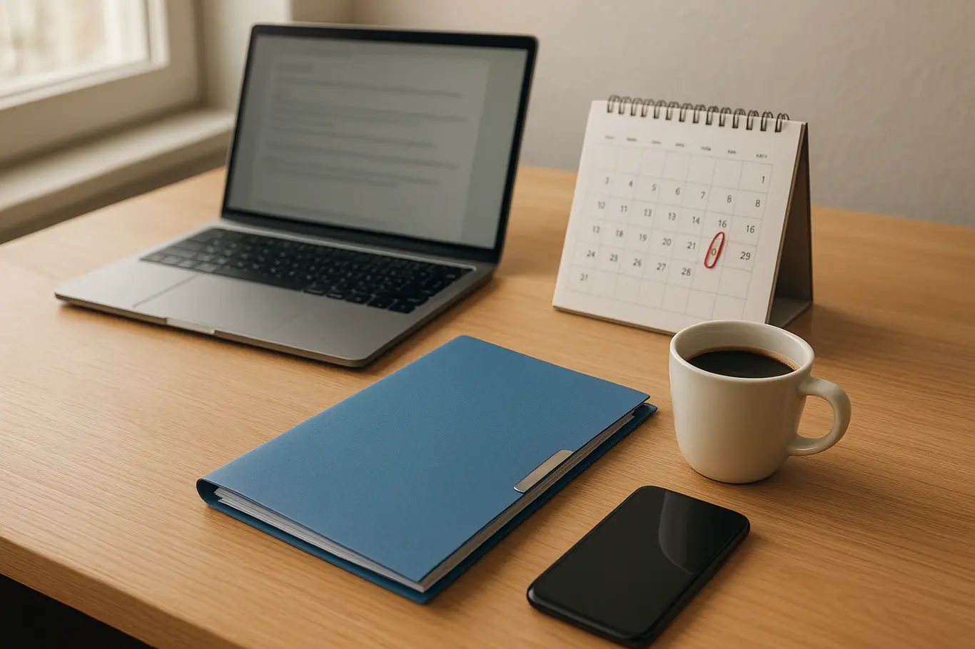 Mesa de trabalho com laptop, pasta de documentos, calendário e café, vista ampla e organizada