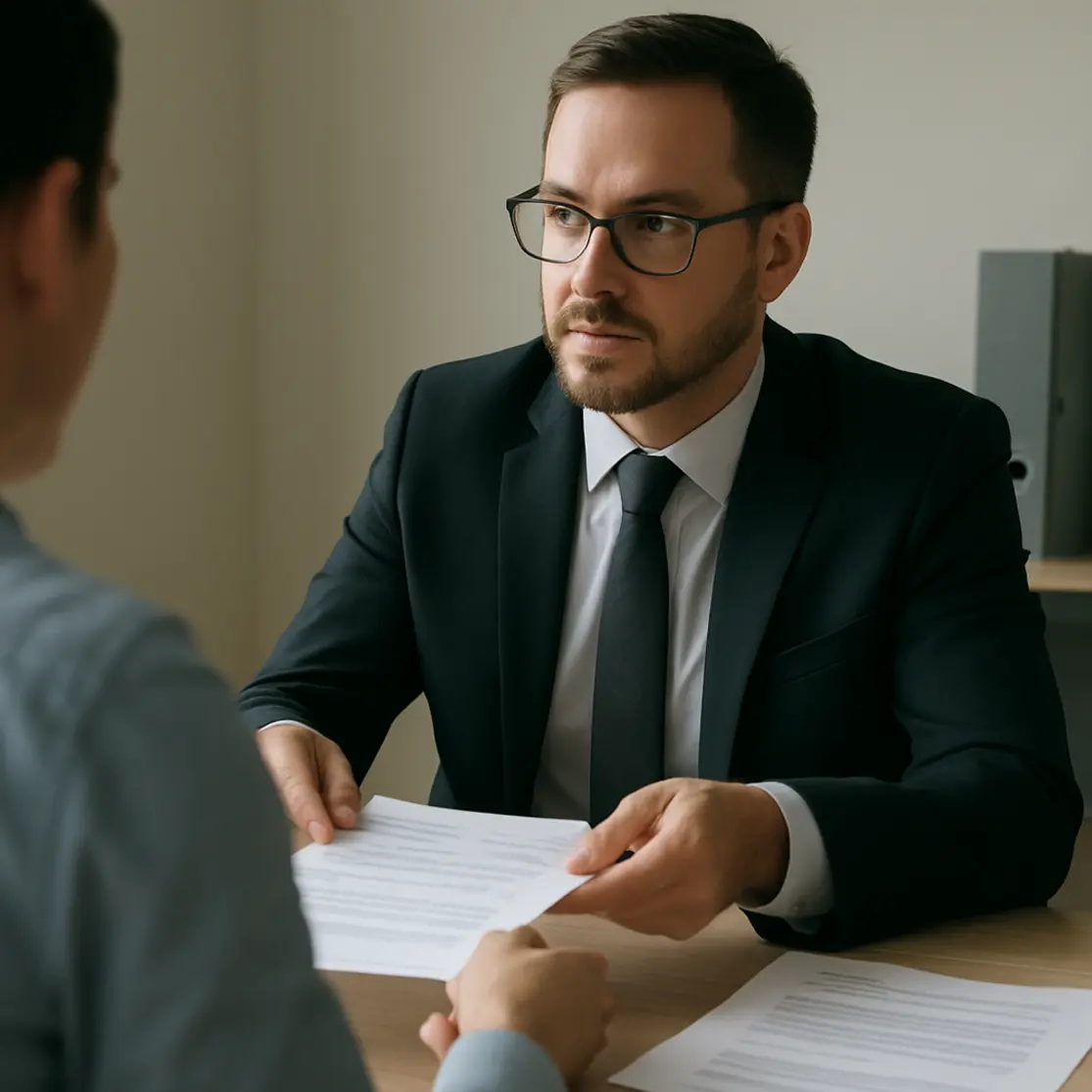 Consultor tributário em perfil 3/4 trocando documentos com cliente em ambiente profissional