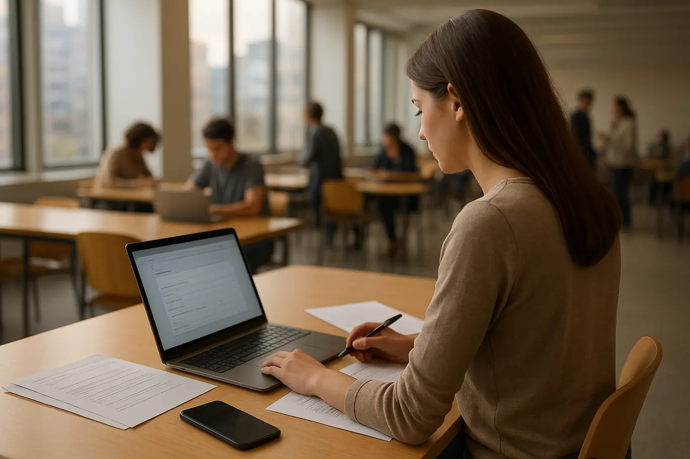Estudante em mesa com laptop preenchendo pedido de isenção, vista de trás