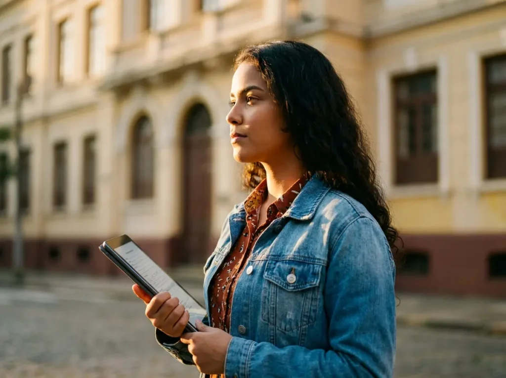 Estudante em 3/4 segurando tablet com formulário, luz dourada