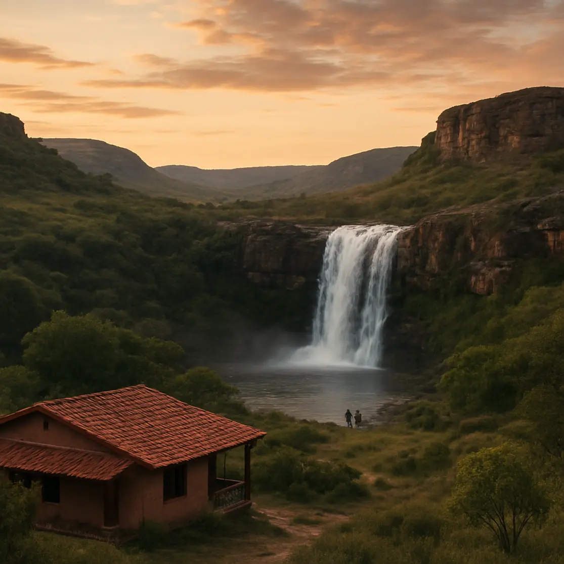Cascata e pousada rústica em Lapinha da Serra MG ao entardecer