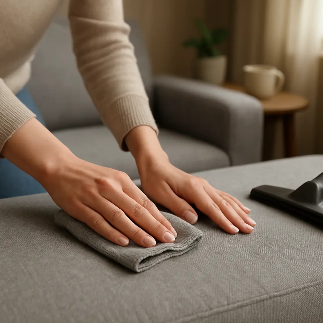 Mãos limpando um ponto no sofá com pano microfibra e aspirador ao lado