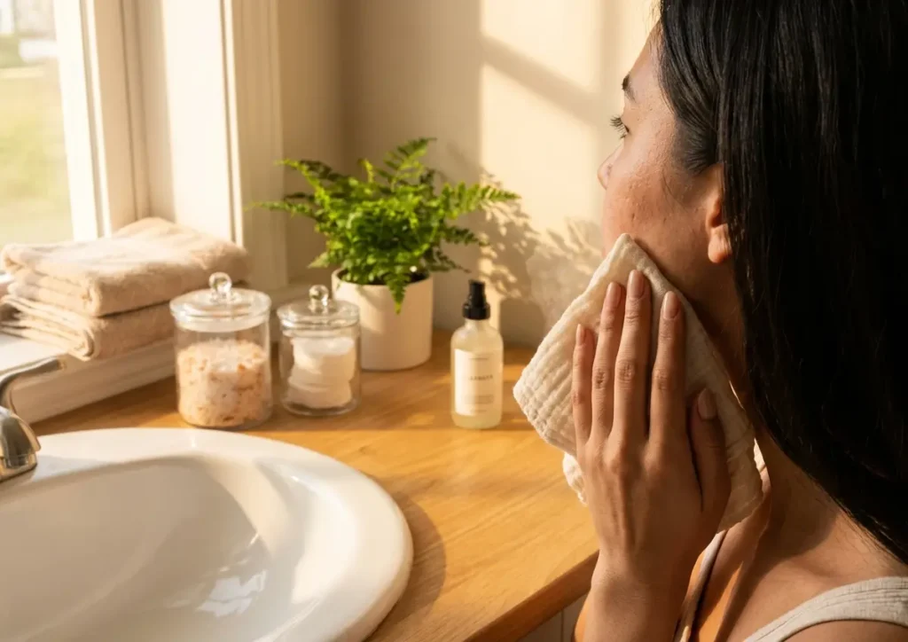 Pessoa de perfil, mãos aplicando compressa morna na região facial, banheiro iluminado por janela
