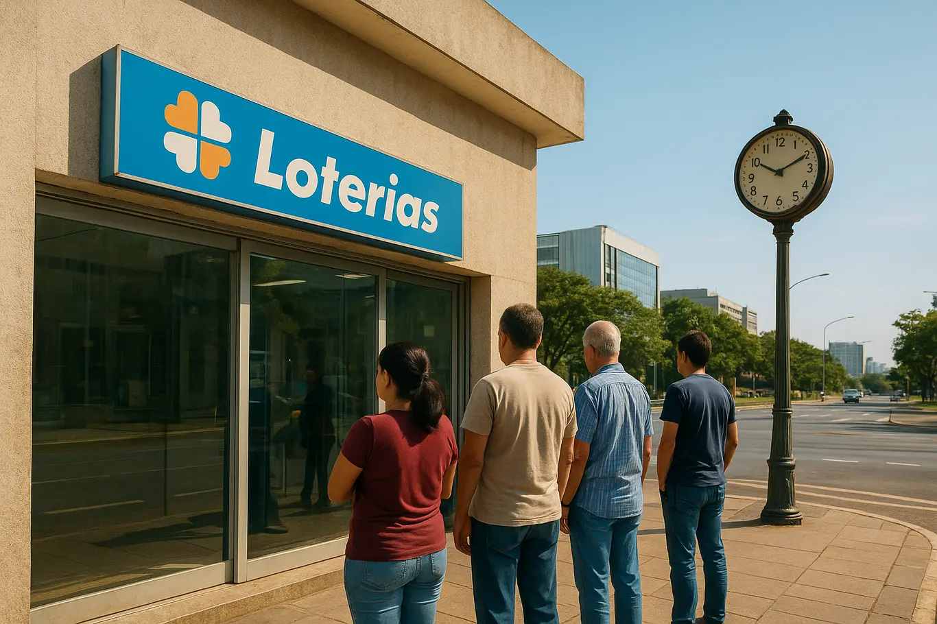 Fachada de lotérica em Brasília com fila lateral de clientes de costa, mostrando contexto urbano