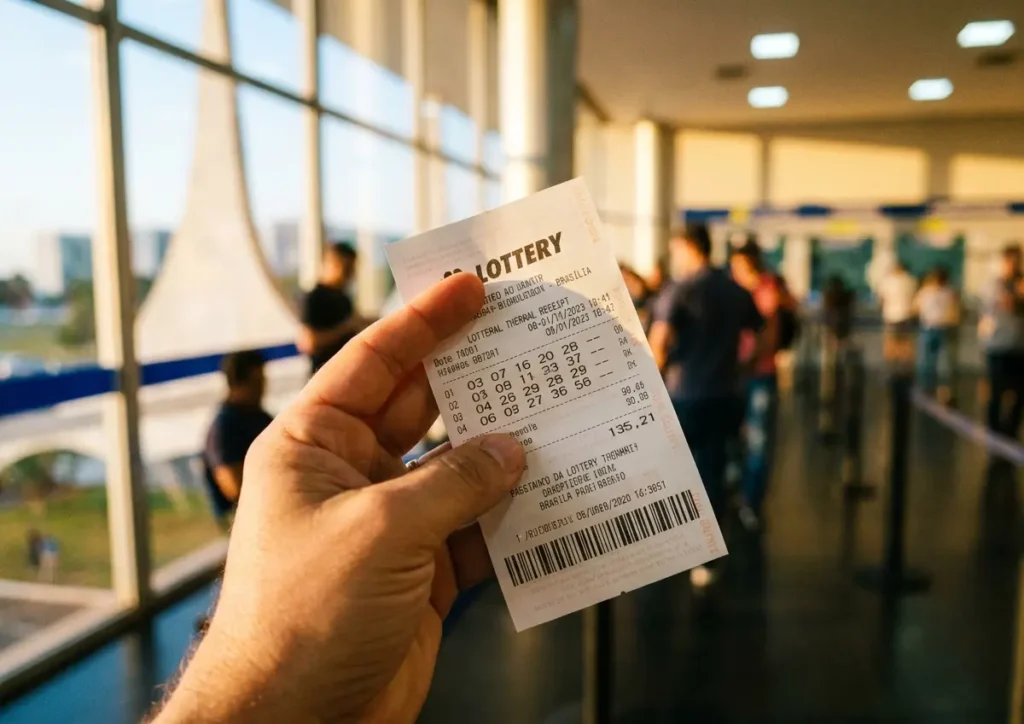Mão segurando comprovante de aposta dentro de uma lotérica em Brasília, foco no bilhete