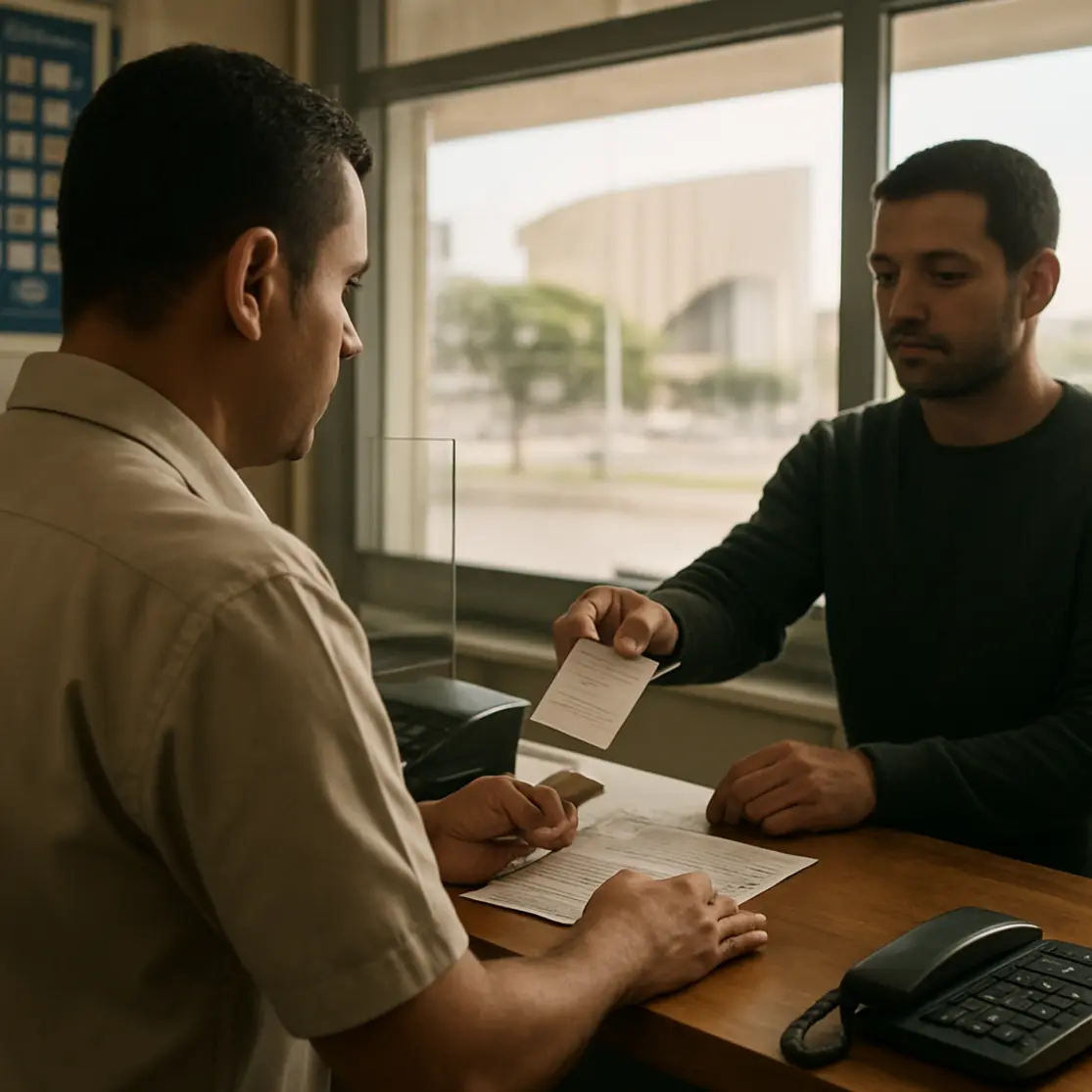 Balcão de atendimento de lotérica em Brasília visto por trás do atendente, cliente recebendo recibo em perfil