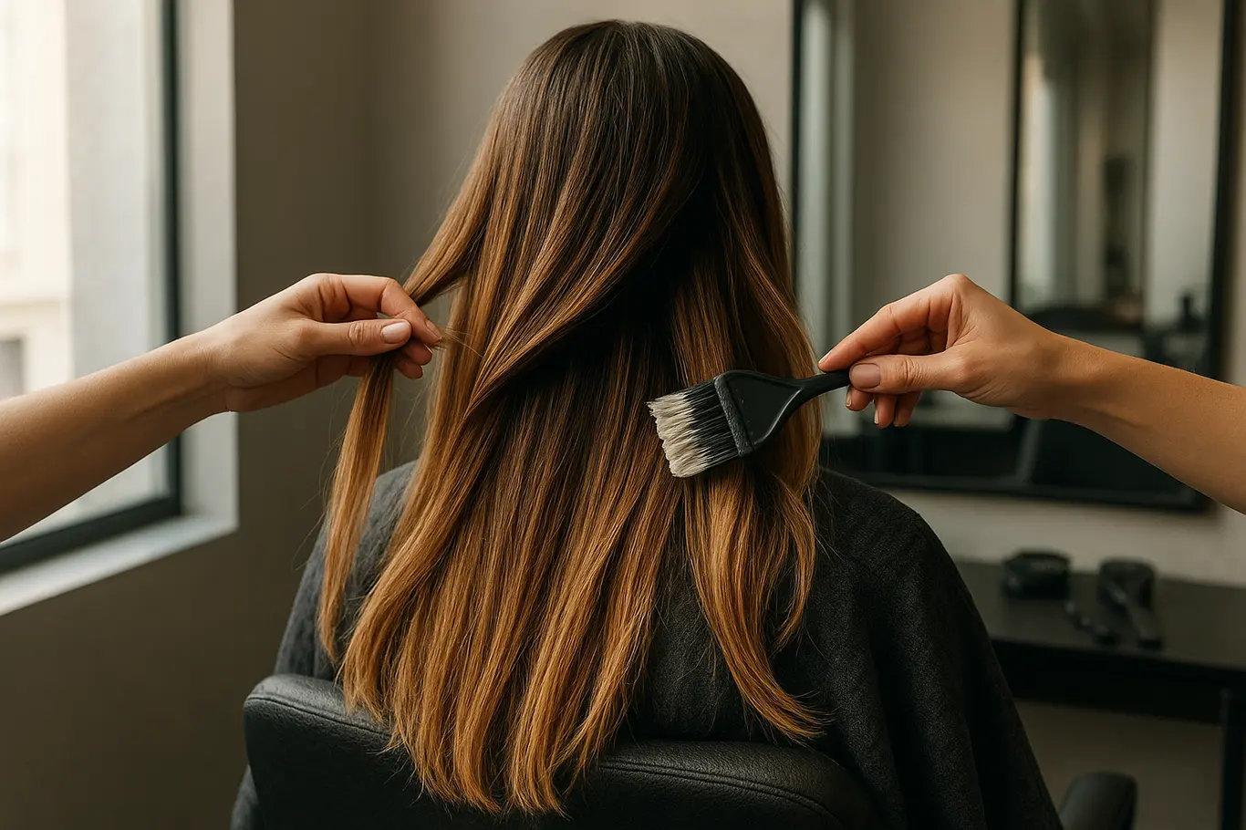 Mãos de cabeleireiro aplicando balayage em salão com luz suave de janela, cliente de costas