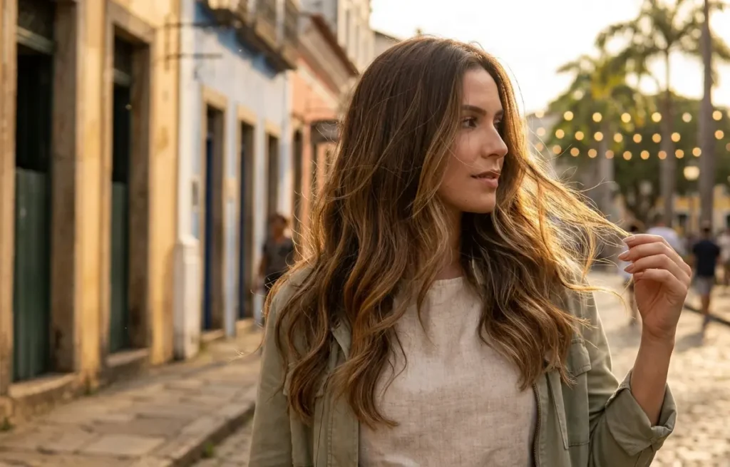 Mulher de três-quartos com luzes naturais ao pôr do sol em rua brasileira, rosto não visível