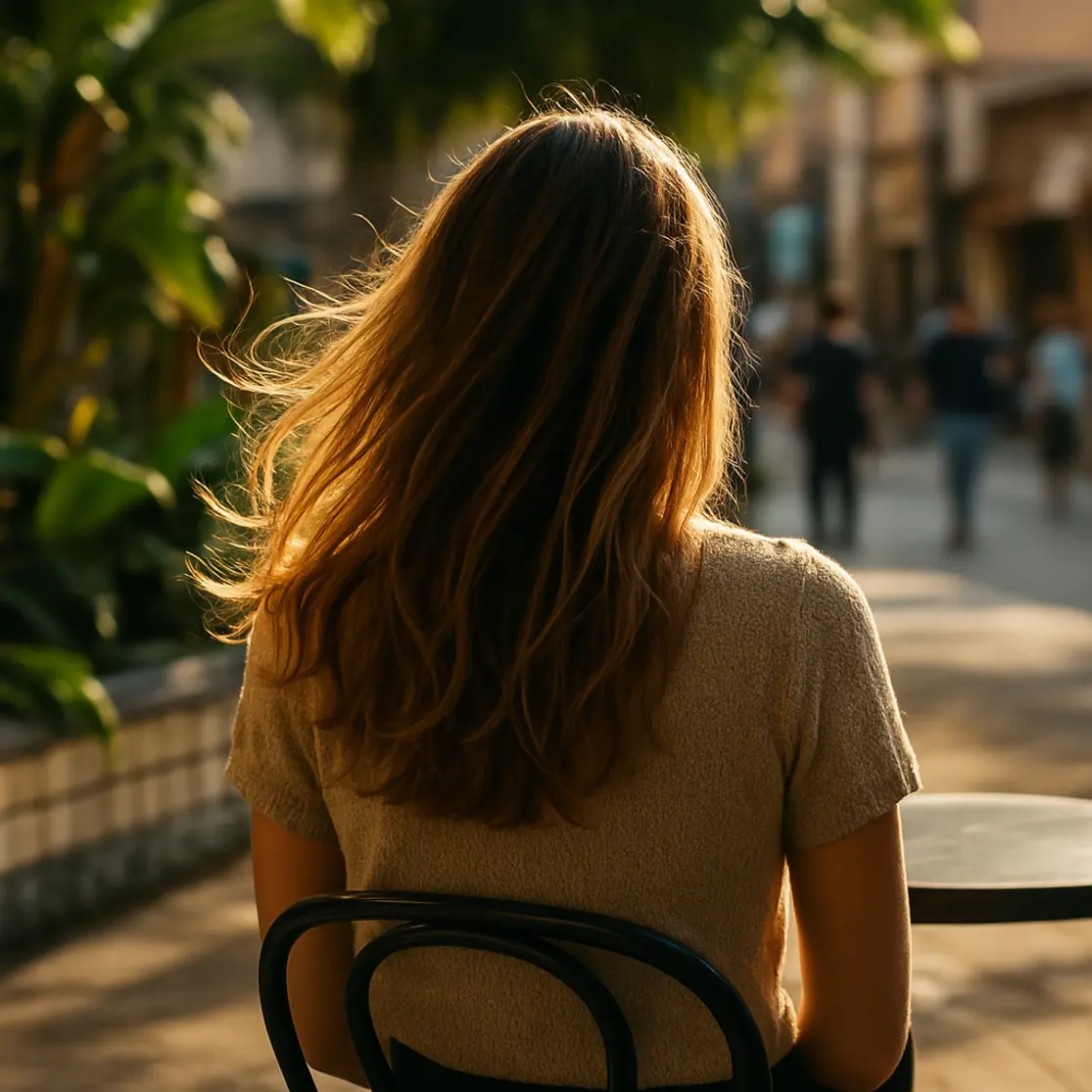 Vista traseira de pessoa em café com mechas iluminadas pelo sol, cenário urbano suave