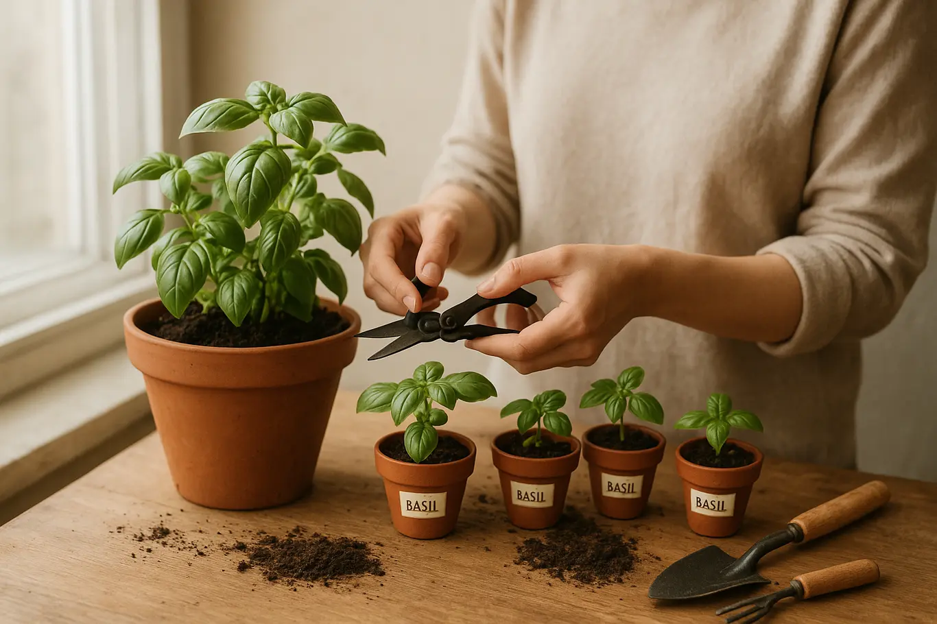 Pessoa em 3/4 cuidando de vasos de manjericão sobre mesa com ferramentas de jardinagem, tesoura cortando um talo, luz de janela suave.