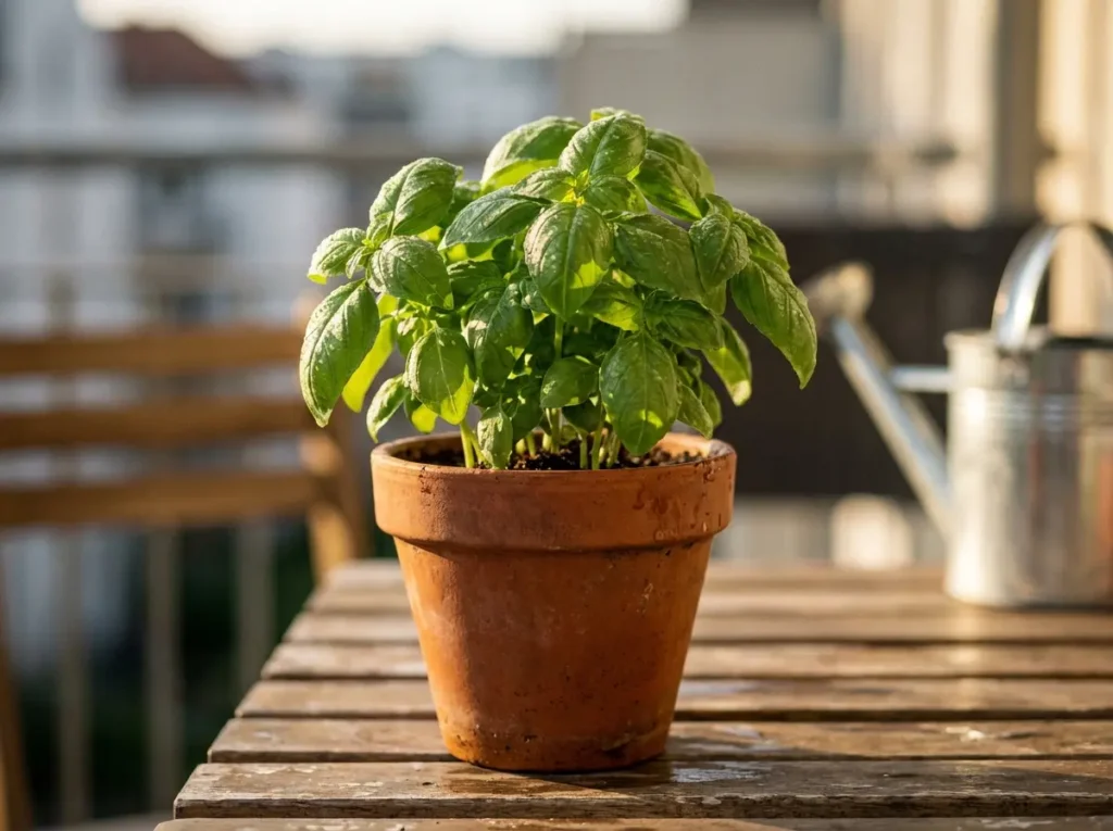 Como plantar manjericão em vaso e evitar erros que prejudicam a planta Close-up editorial de vaso de manjericão com folhas verdes vibrantes e gotas de orvalho em vaso de terracota sobre mesa de madeira, fundo desfocado de varanda.