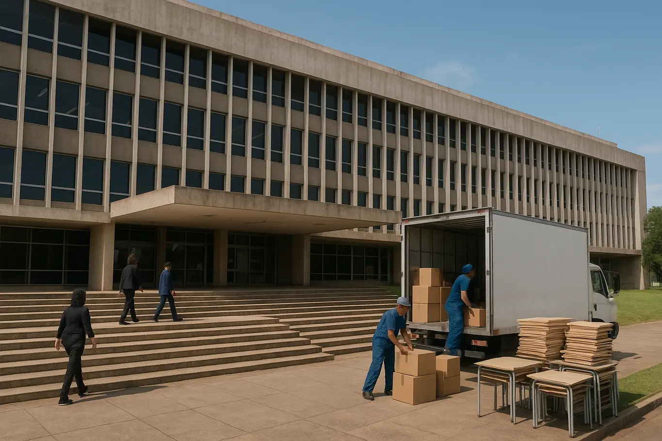 Fachada do prédio do FNDE/MEC com caminhão descarregando caixas de material escolar e servidores em movimento