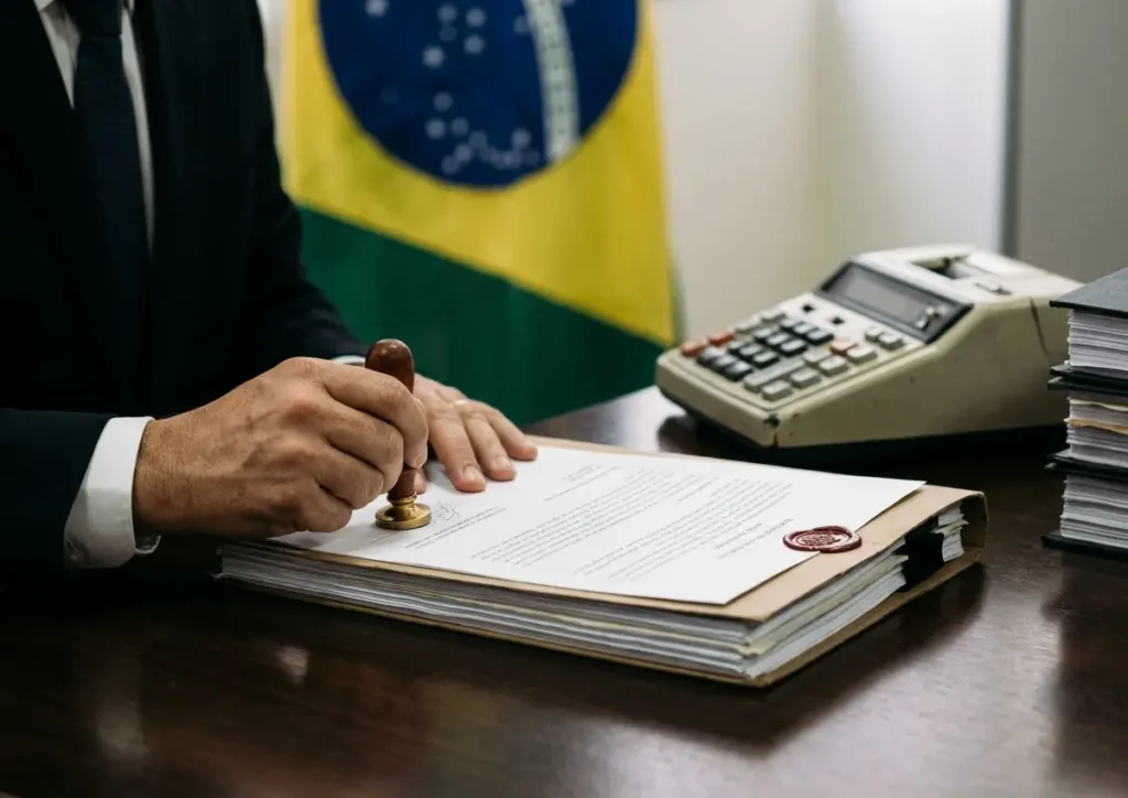 Mãos de autoridades carimbando documentos sobre mesa, bandeira do Brasil desfocada ao fundo