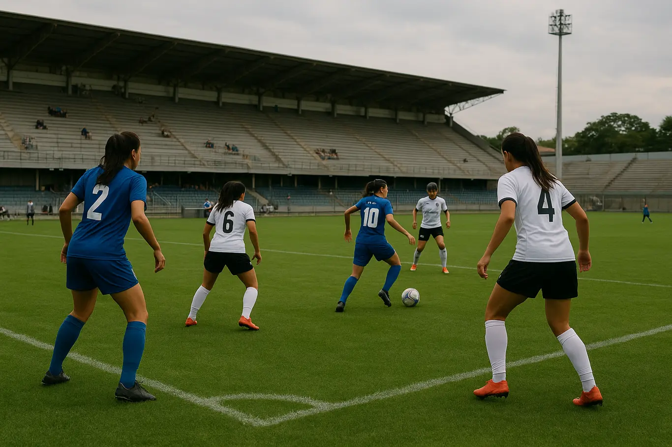 Vista ampla do campo do Bezerrão com jogadoras do Minas Brasília em ação