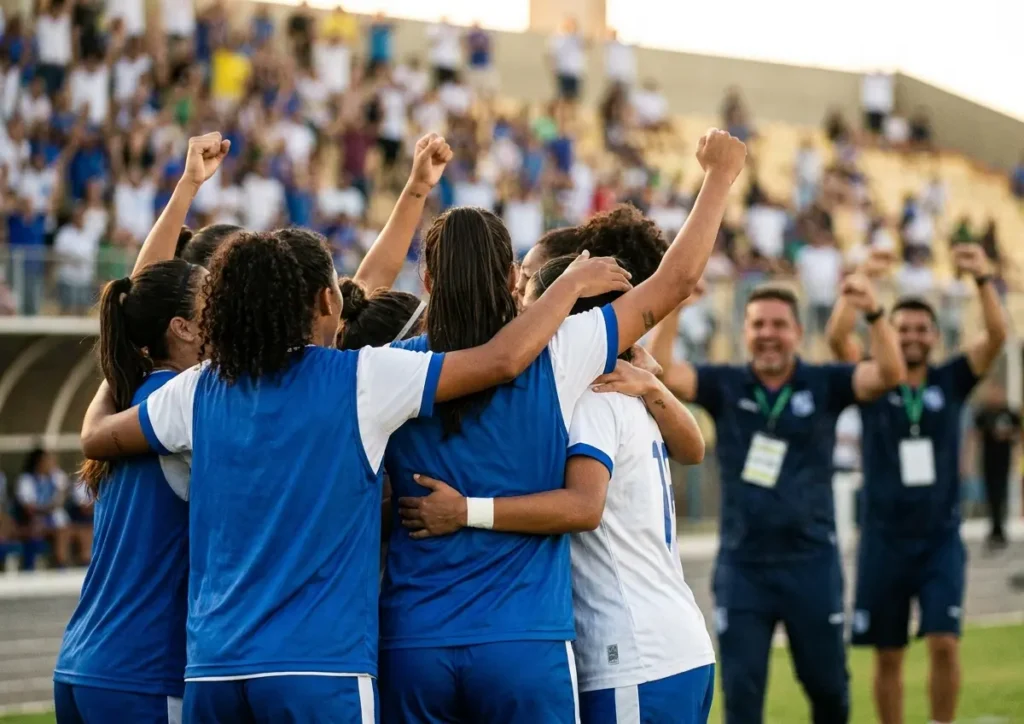 Jogadoras do Minas Brasília abraçadas de costas comemorando gol no Bezerrão