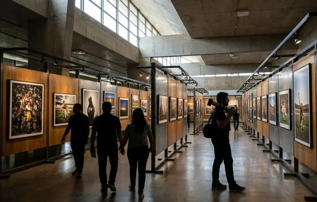 Salão do Museu do Futebol em Brasília com as fotos premiadas expostas e visitantes de costas observando.