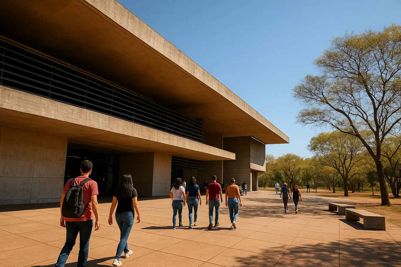 Vista ampla da praça de acesso e entrada do museu gratuito em Brasília com visitantes em movimento