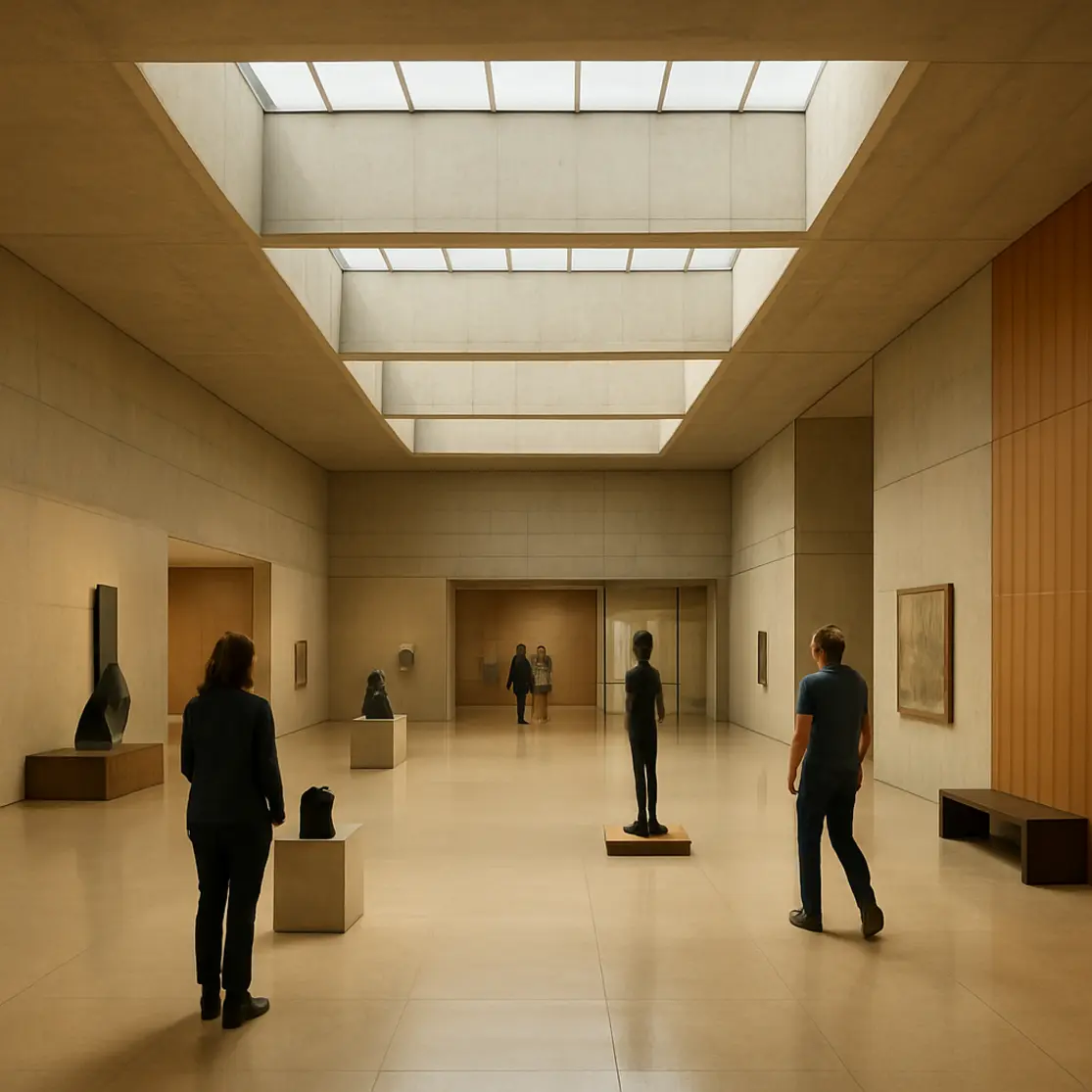 Interior do salão expositivo do museu gratuito em Brasília com visitantes observando obras à distância