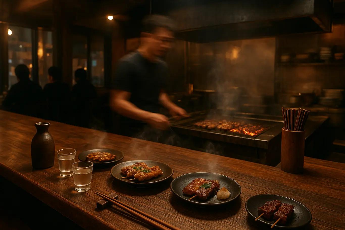 Bancada do bar com pratos de grelhados e copos, bartender em movimento desfocado, ambiente do izakaya.