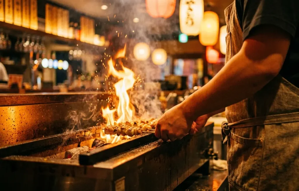 Noru completa 4 anos e lança izakaya no Noroeste com bar e grelhados Chef de costas virado para uma grelha com espetos e chamas em izakaya, luzes quentes ao fundo.