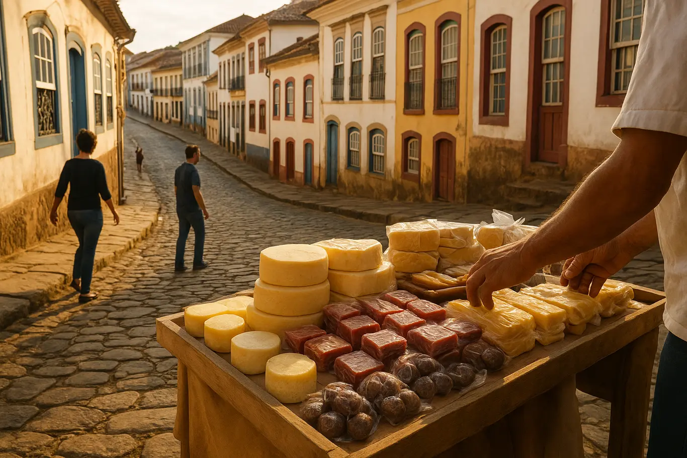 Rua inclinada de Ouro Preto com barraca de artesanato e casarios coloniais ao entardecer