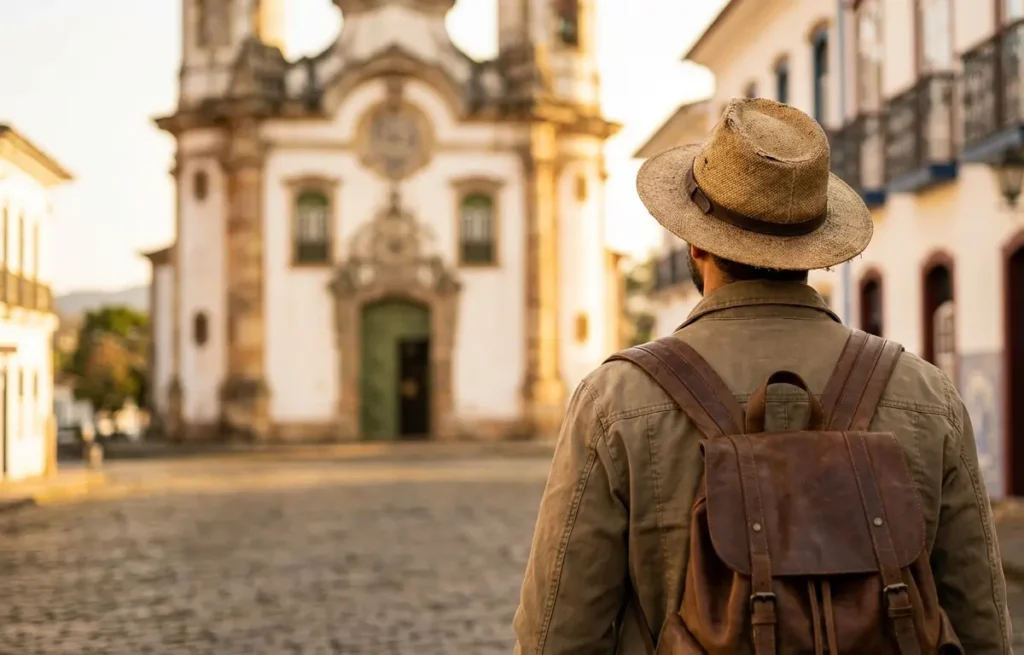Viajante de costas em rua histórica de Ouro Preto com igreja barroca ao fundo ao pôr do sol