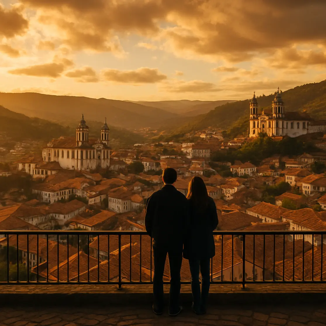 Panorama de Ouro Preto com igrejas barrocas e telhados vermelhos visto de mirante ao entardecer