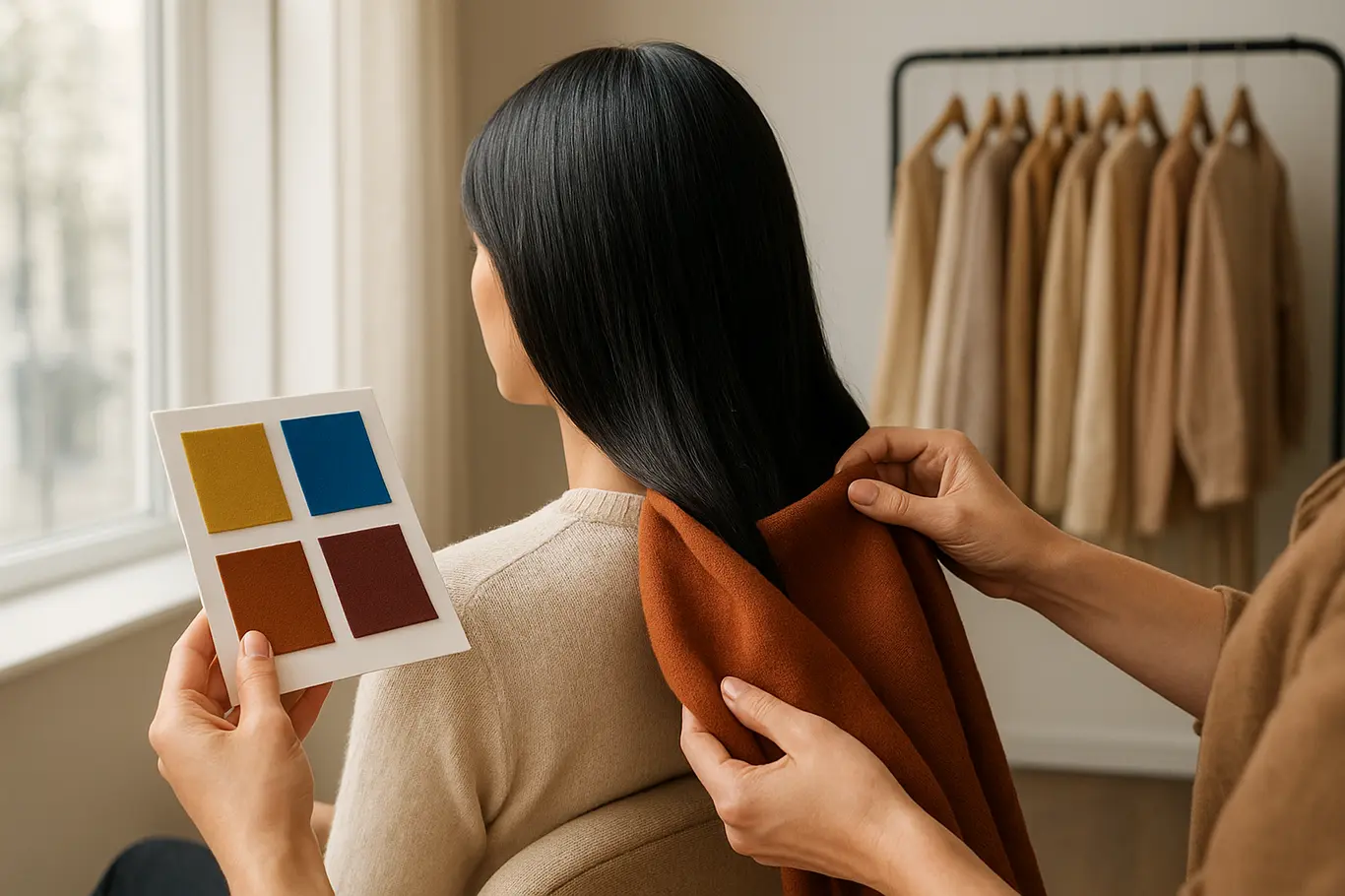 Pessoa sentada em salão junto à janela, cabelo preto visto de três quartos por trás, mãos de cabeleireiro segurando amostras de cor
